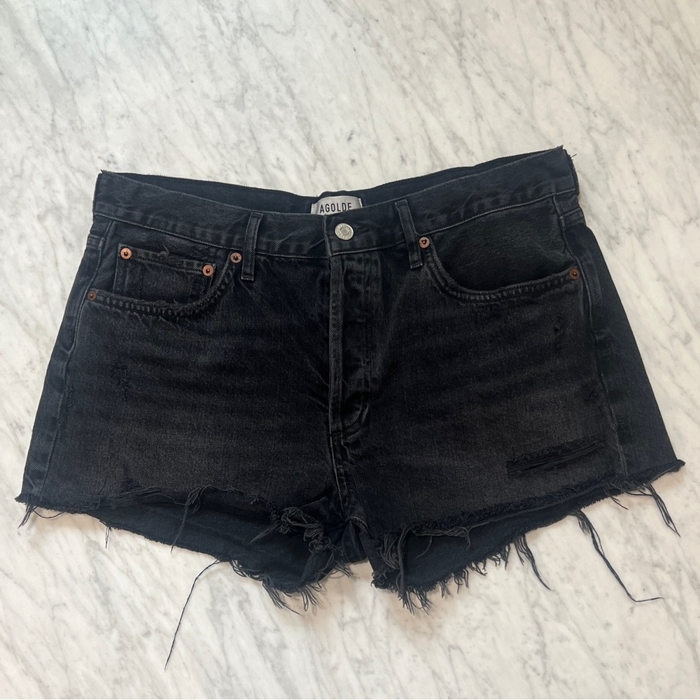AGOLDE Parker Distressed Jean Shorts 30 (8) Vortex Blue Black